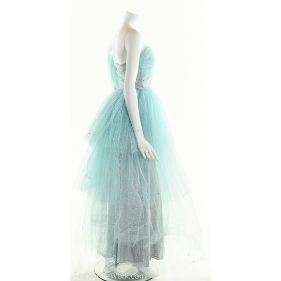 50's Tulle Dress, 1950's Strapless Dress, Blue Prom Dress, Rhinestone Dress, PIn - Picture 6 of 10